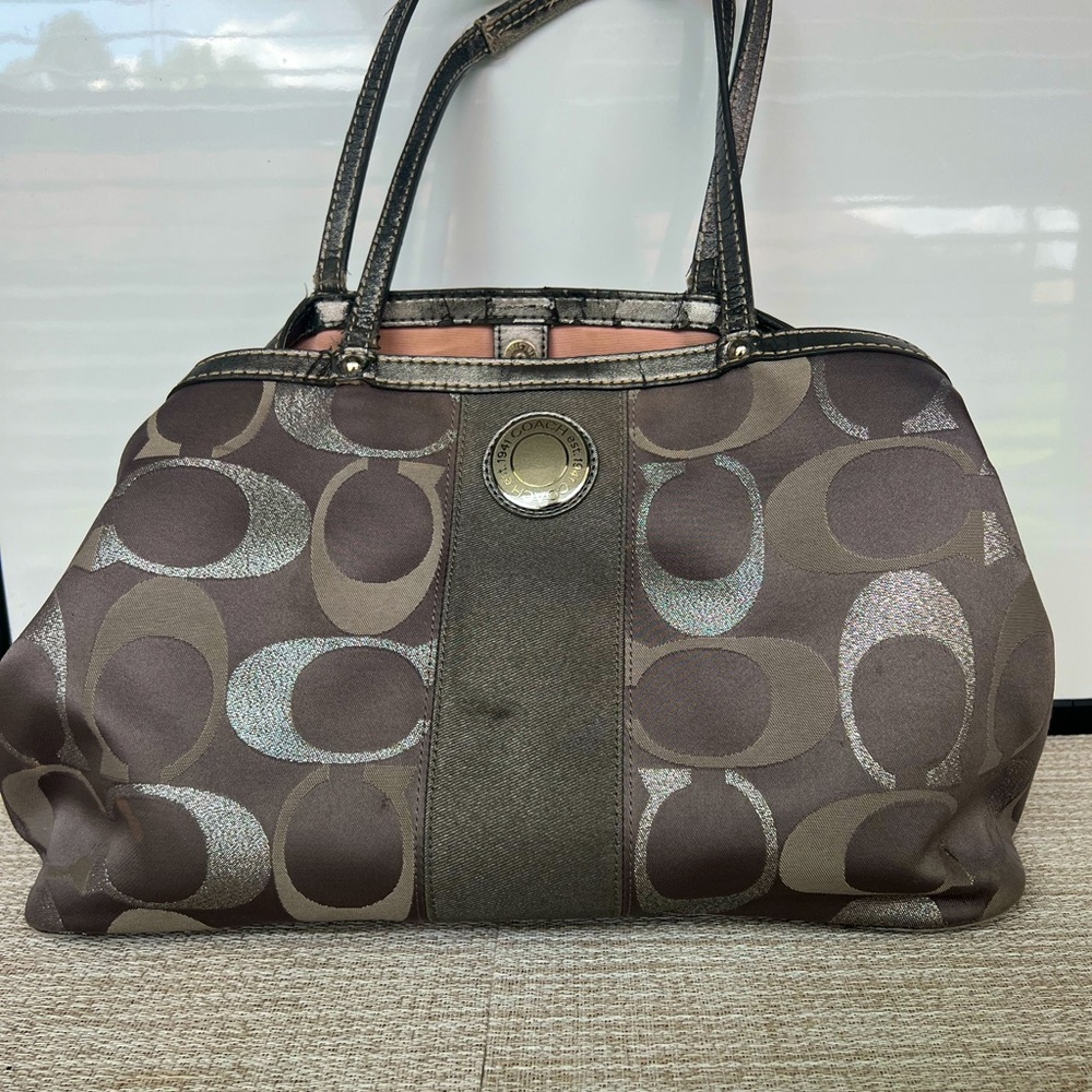 Authentic Coach Carryall Purse Bag Kisslock Signature Rare Grey F20427